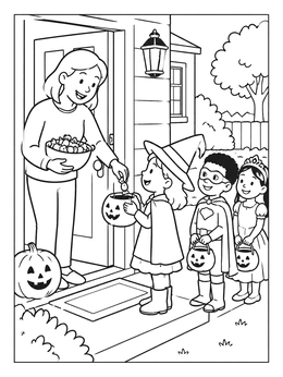 Children in Halloween costumes get candy on this trick or treat coloring page.