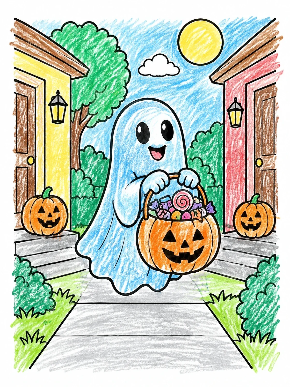 Colored example of the Trick Or Treating Friendly Ghost coloring page