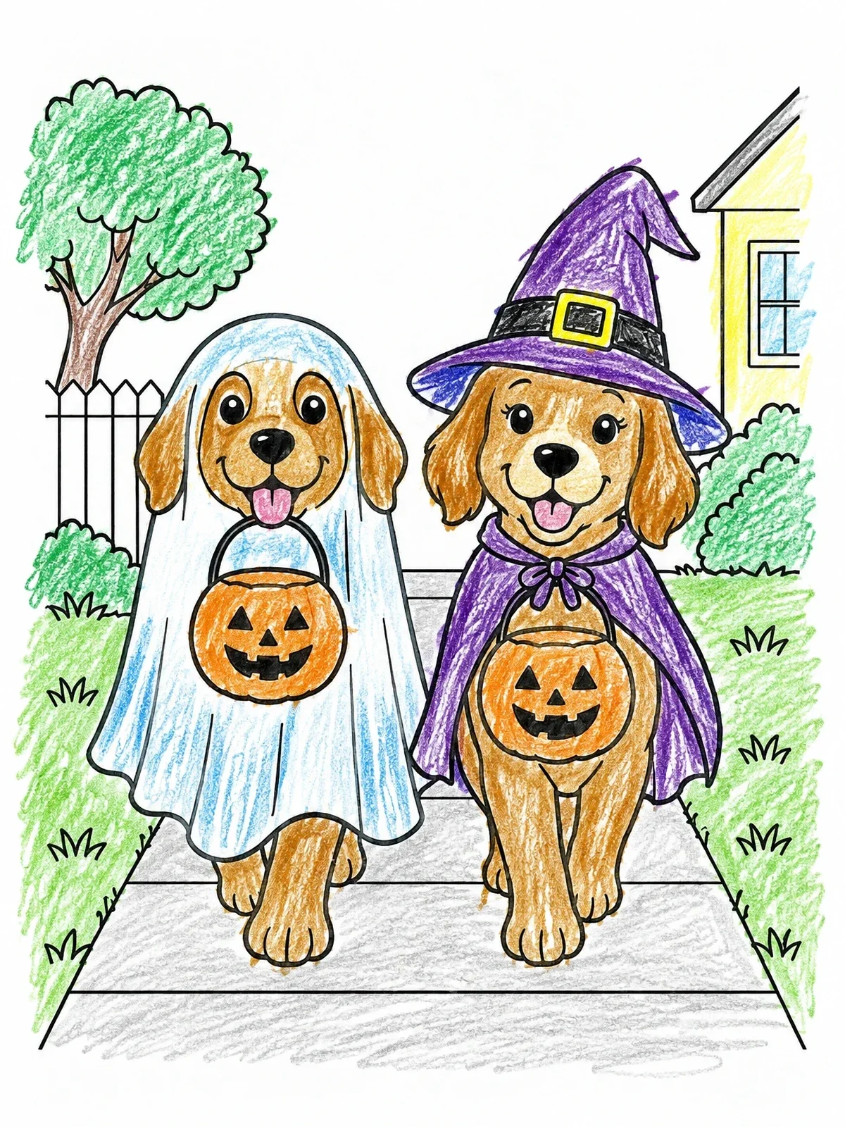 Colored example of the Trick Or Treating Halloween Puppies coloring page