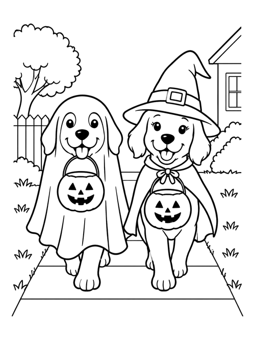 Trick or Treating Halloween Puppies coloring page