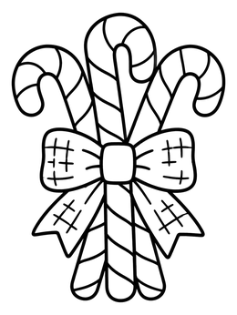 A trio of striped treats tied with a plaid bow on this candy cane coloring page.