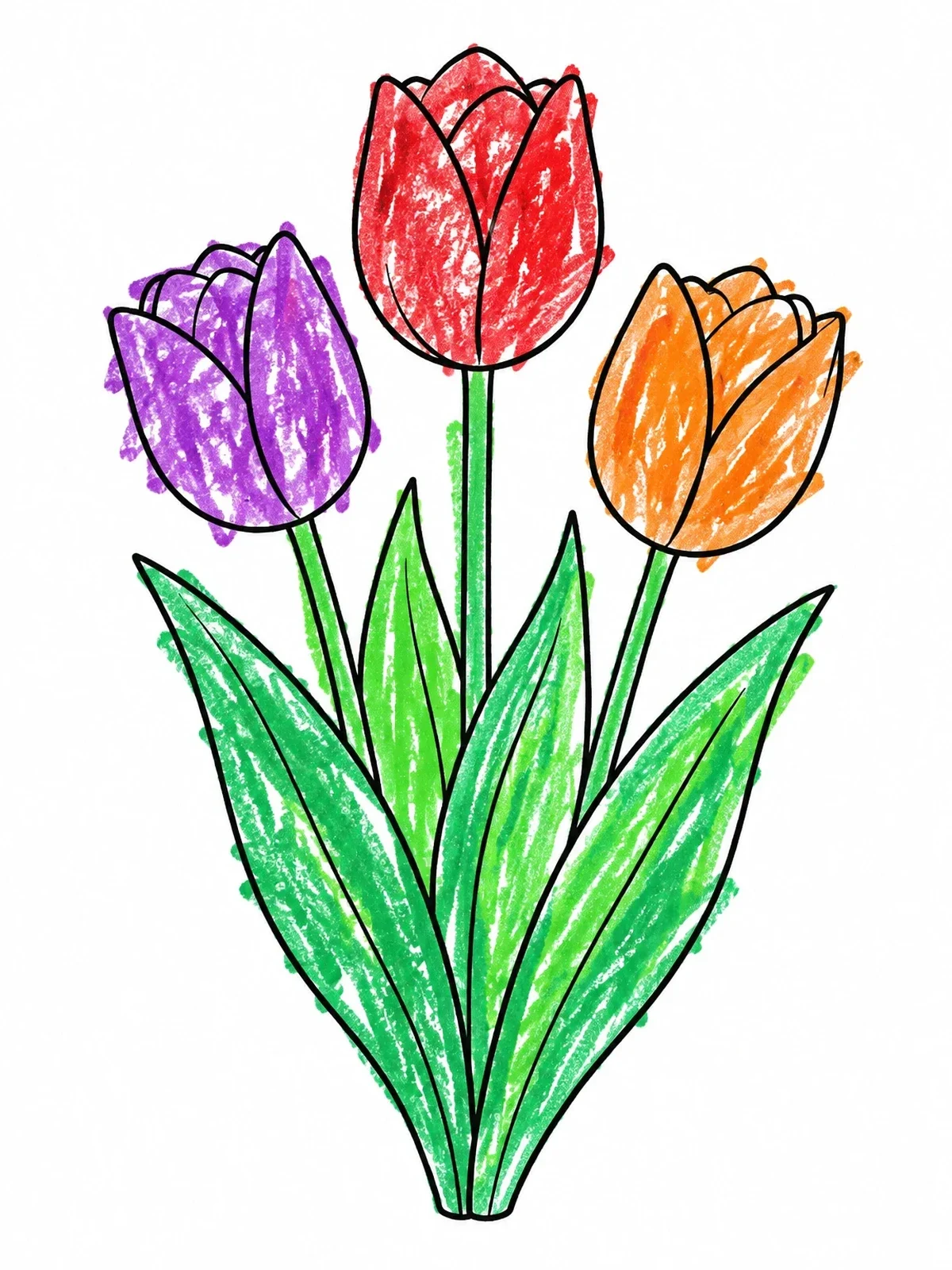 Colored example of the Trio Of Blooming Spring Tulips coloring page
