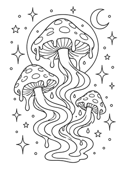 A celestial mushroom coloring page featuring melting fungi beneath a crescent moon and stars.