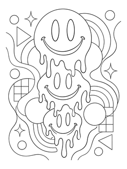 A trippy smiley faces coloring page featuring three melting dripping emojis with abstract patterns.
