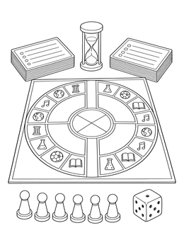 A detailed board games coloring page showing a trivia board, timer, cards, pawns, and die.