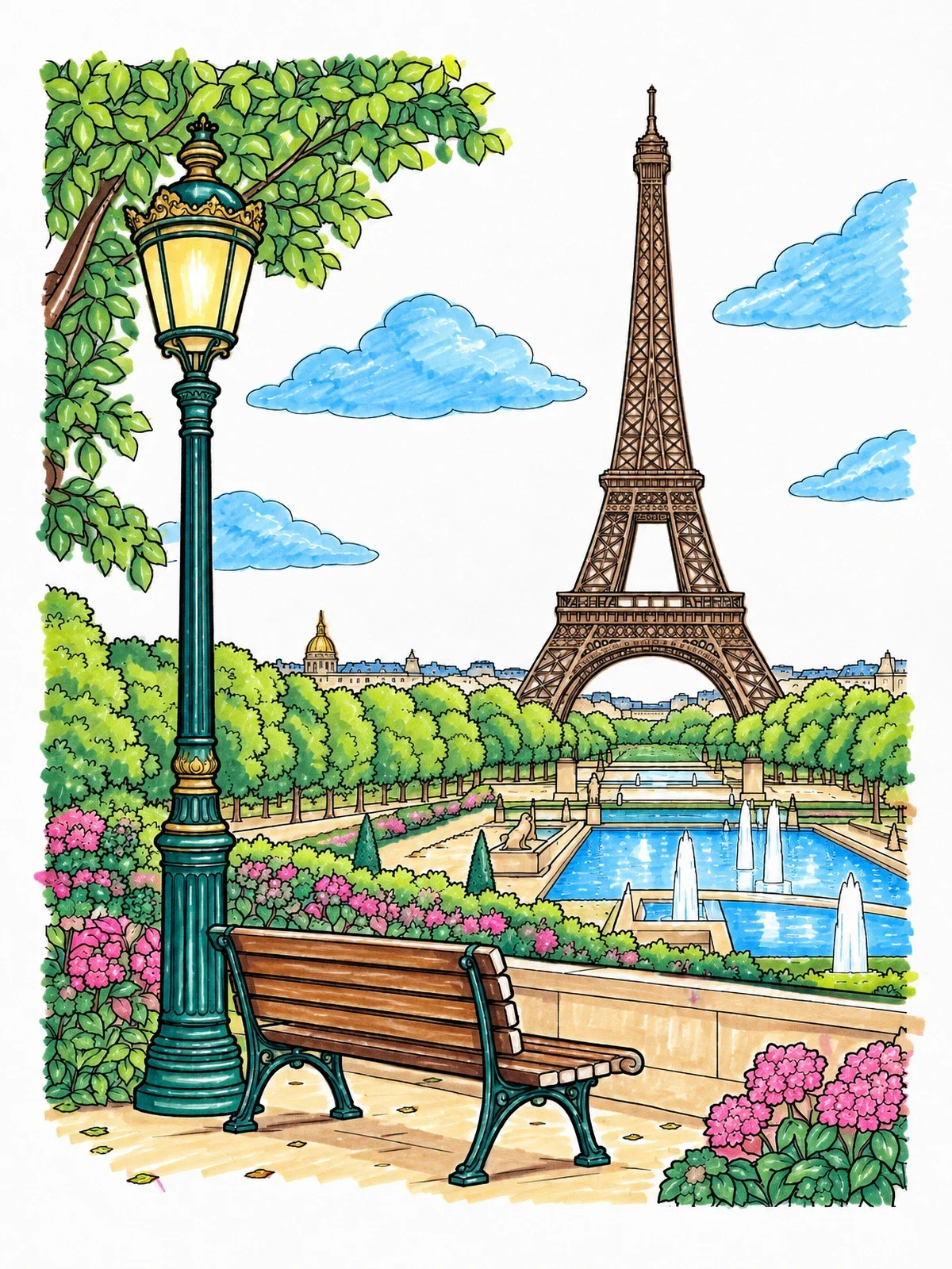 Colored example of the Trocadéro View Of The Eiffel Tower coloring page