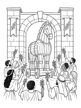 A trojan horse coloring page showing people holding olive branches as the wooden statue arrives.