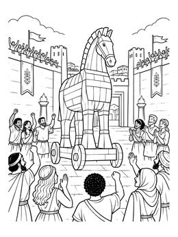Cheering citizens surround the giant wooden figure in this detailed trojan horse coloring page.