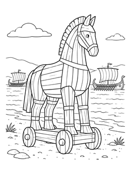A wooden trojan horse coloring page showing the famous statue on wheels by the shore with ships.