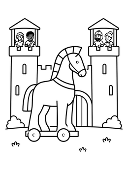 Free printable Trojan Horse Outside Castle Walls coloring page