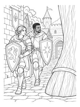 Two armored warriors sneaking through the city in this trojan horse coloring page.