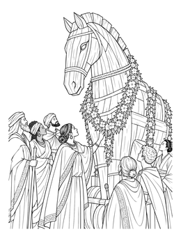 Citizens gathered around a giant wooden monument in this detailed trojan horse coloring page.