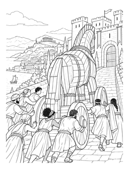 Citizens move a giant wooden horse in this trojan horse coloring page.