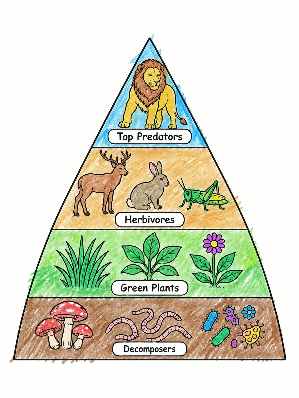 Colored example of the Trophic Levels Ecological Food Pyramid coloring page