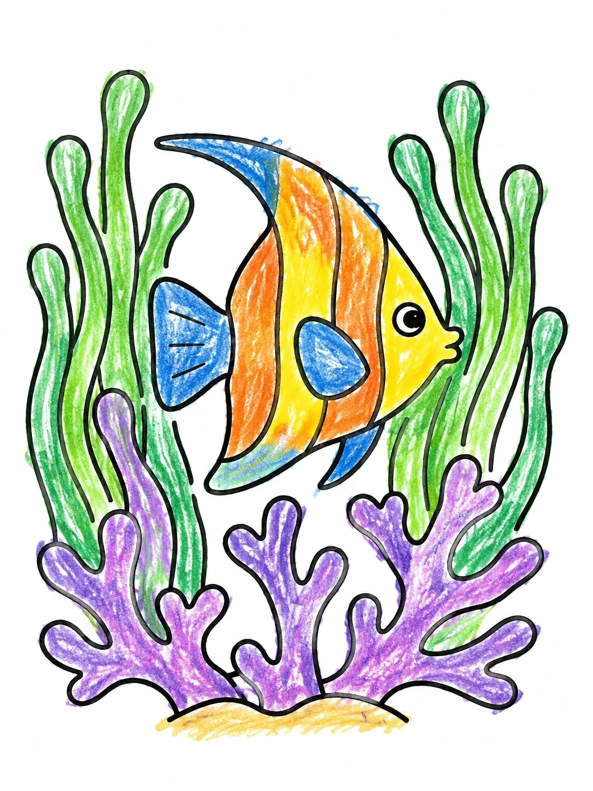 Colored example of the Angelfish On A Coral Reef coloring page