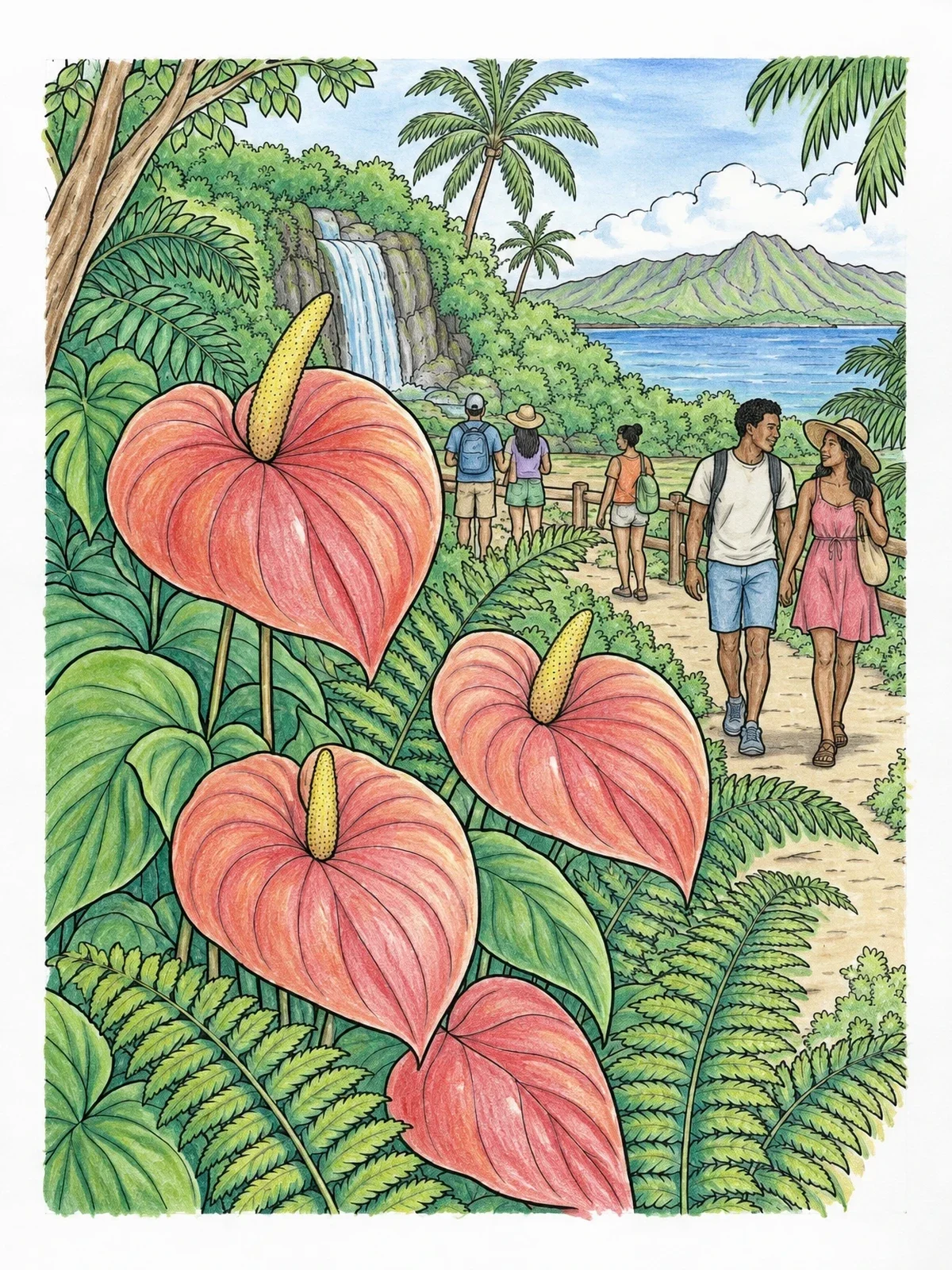 Colored example of the Tropical Anthuriums Along A Scenic Hawaiian Trail coloring page
