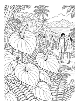 Free printable Tropical Anthuriums Along A Scenic Hawaiian Trail coloring page