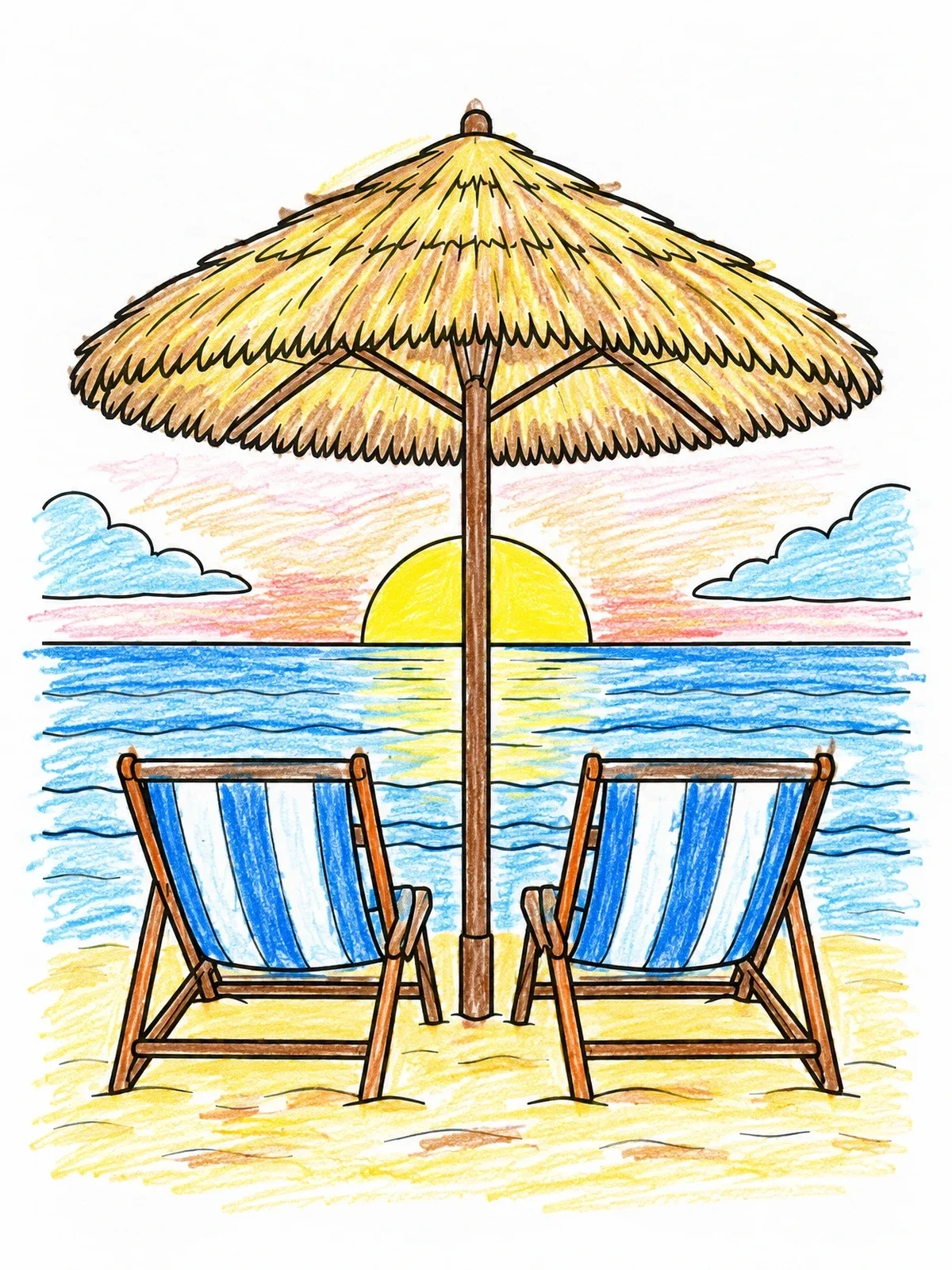 Colored example of the Beach Chairs Beneath Thatched Umbrella coloring page