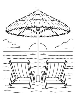 Two lounge chairs under a straw umbrella in this peaceful tropical coloring page.