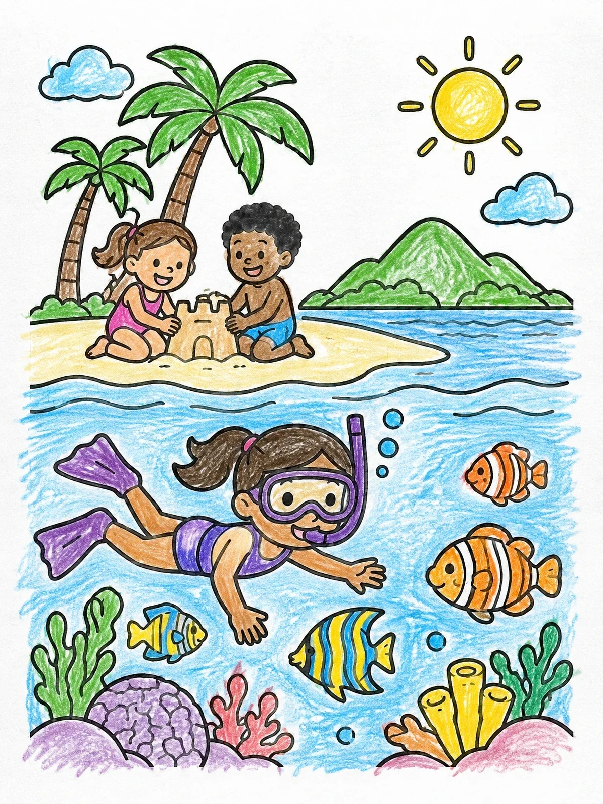 Colored example of the Beach Fun And Snorkeling Adventure coloring page