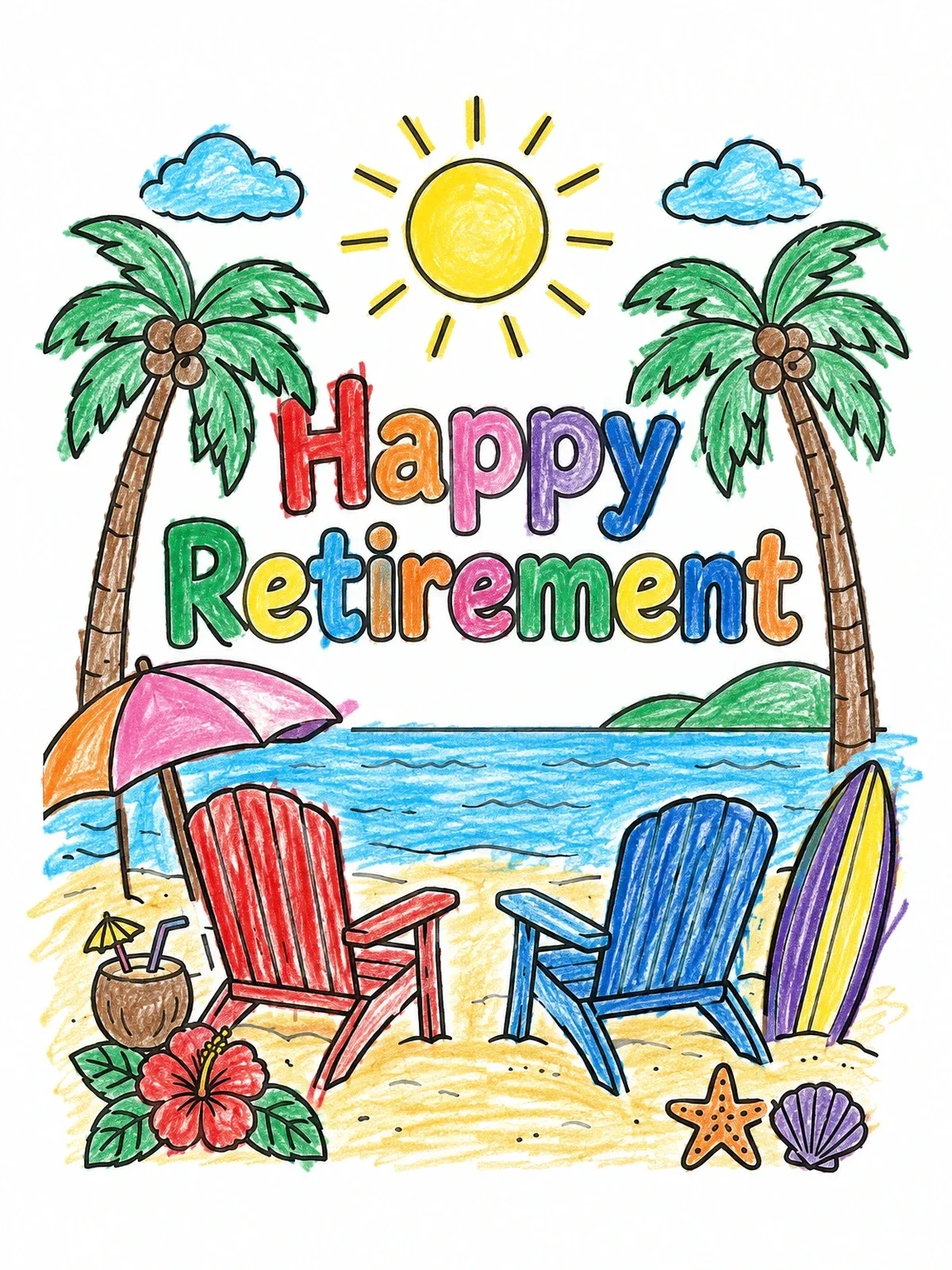 Colored example of the Tropical Beach Happy Retirement Scene coloring page