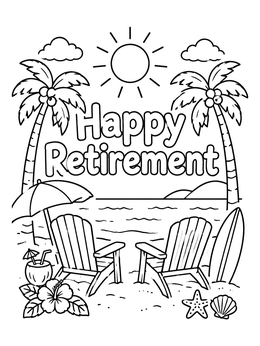 Free printable Tropical Beach Happy Retirement Scene coloring page