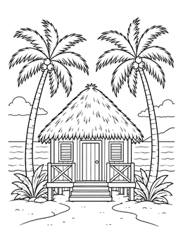Free printable Tropical Beach Hut And Palm Trees coloring page