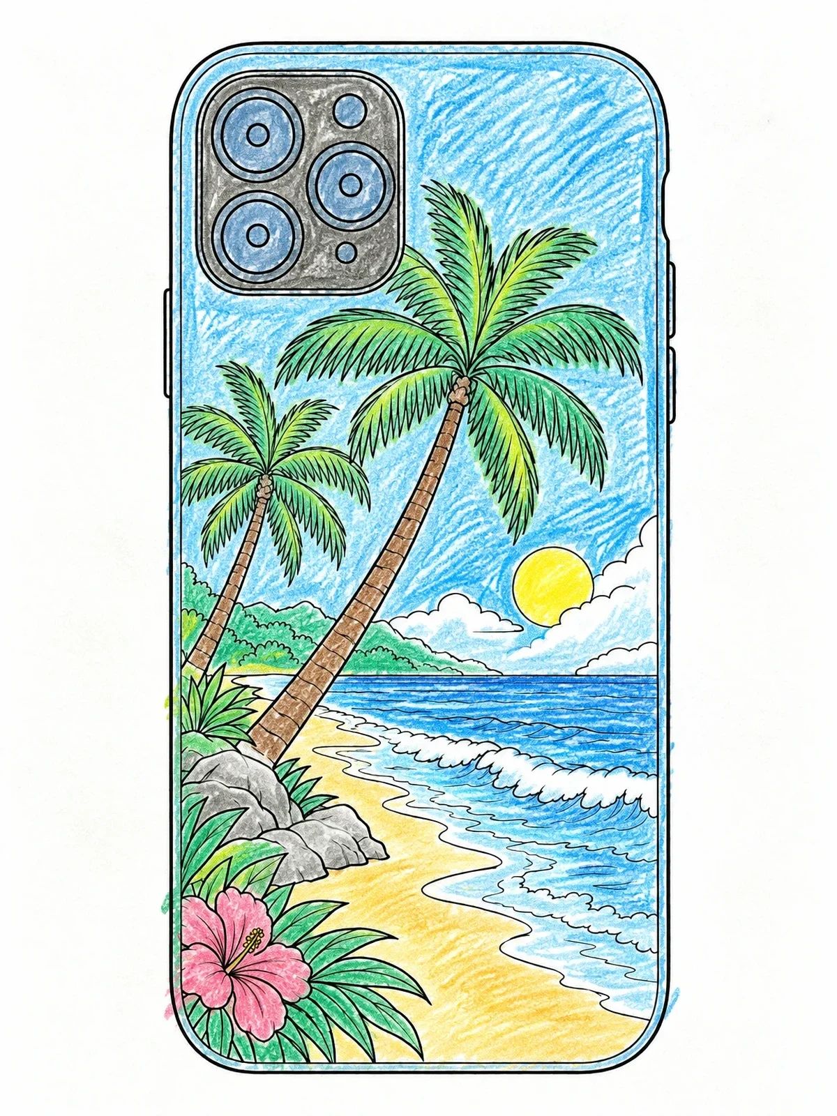Colored example of the Tropical Beach Phone Case Design coloring page