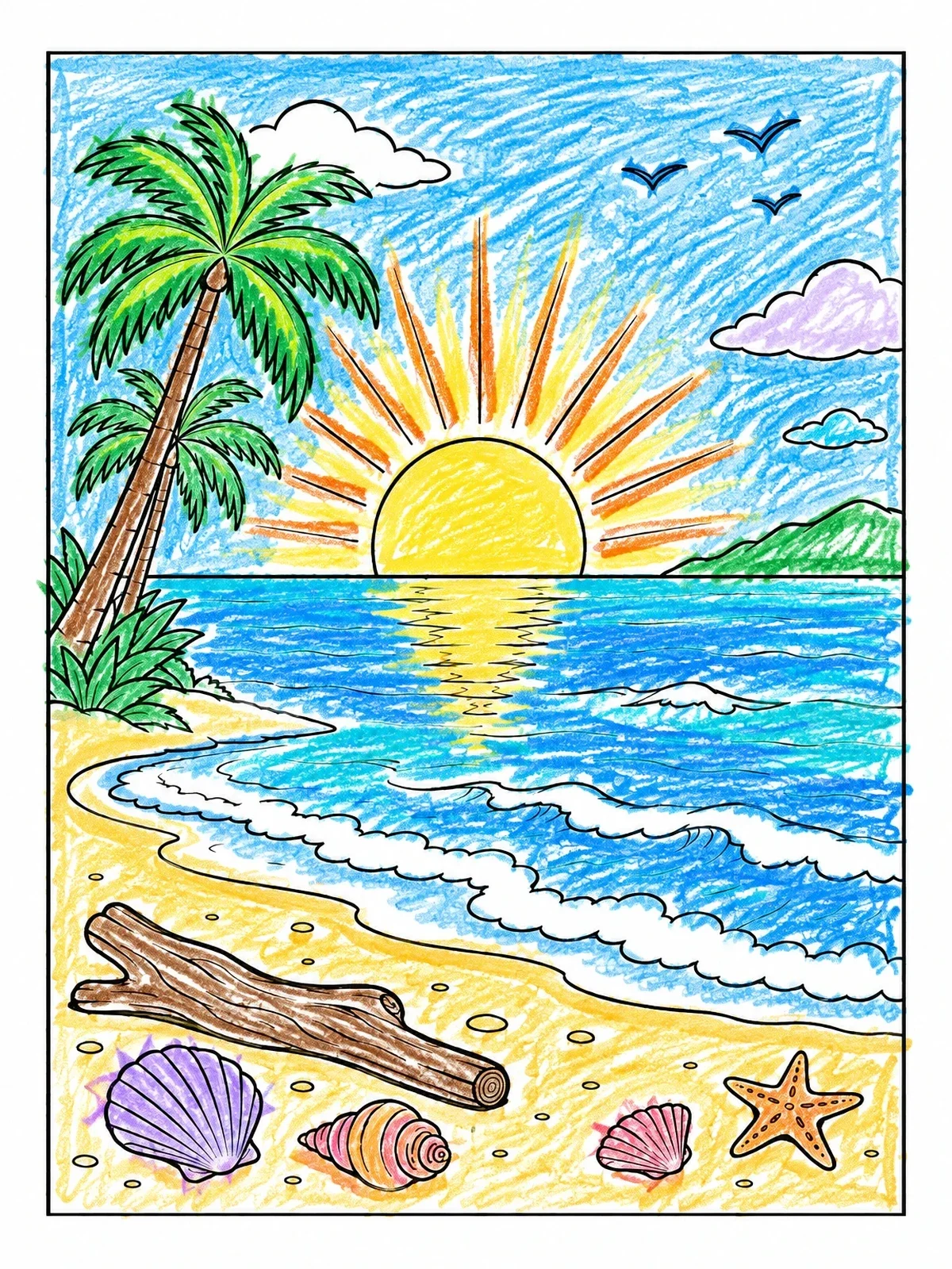 Colored example of the Tropical Beach Sunrise With Seashells coloring page