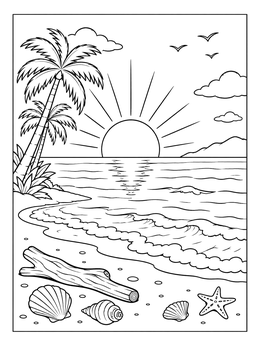 A peaceful sunrise coloring page featuring palm trees, ocean waves, driftwood, and seashells on the beach.