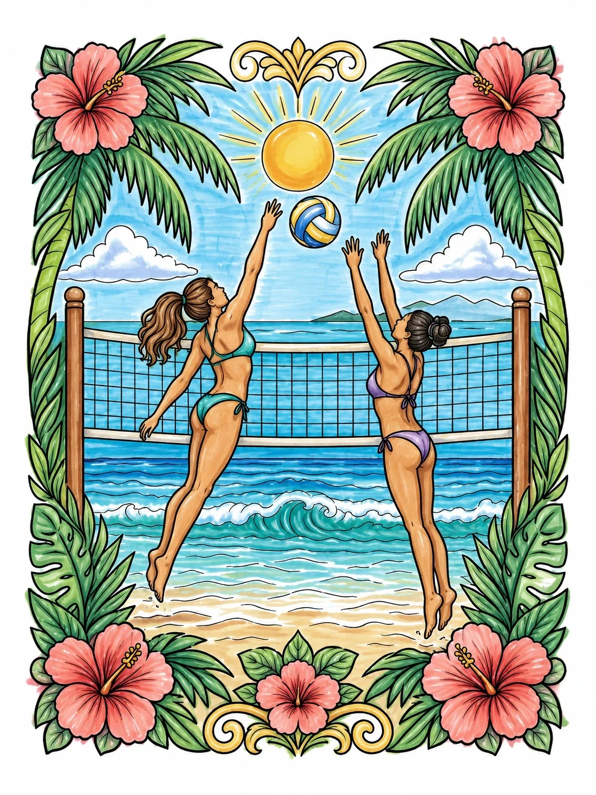 Colored example of the Tropical Beach Volleyball Match coloring page