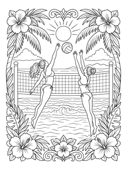 A detailed beach volleyball coloring page framed by tropical hibiscus flowers and palm trees.