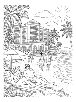 Free printable Tropical Beachfront Resort Hotel coloring page