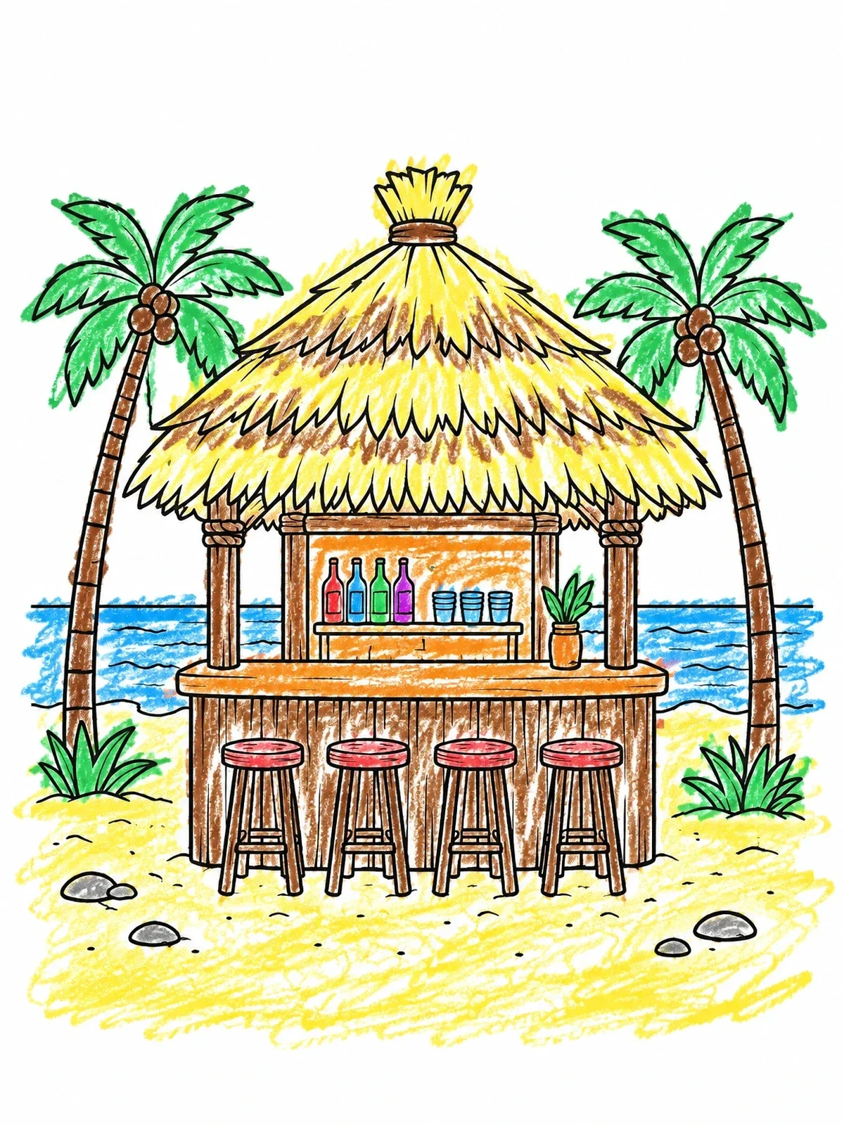 Colored example of the Beachside Tiki Bar With Palm Trees coloring page