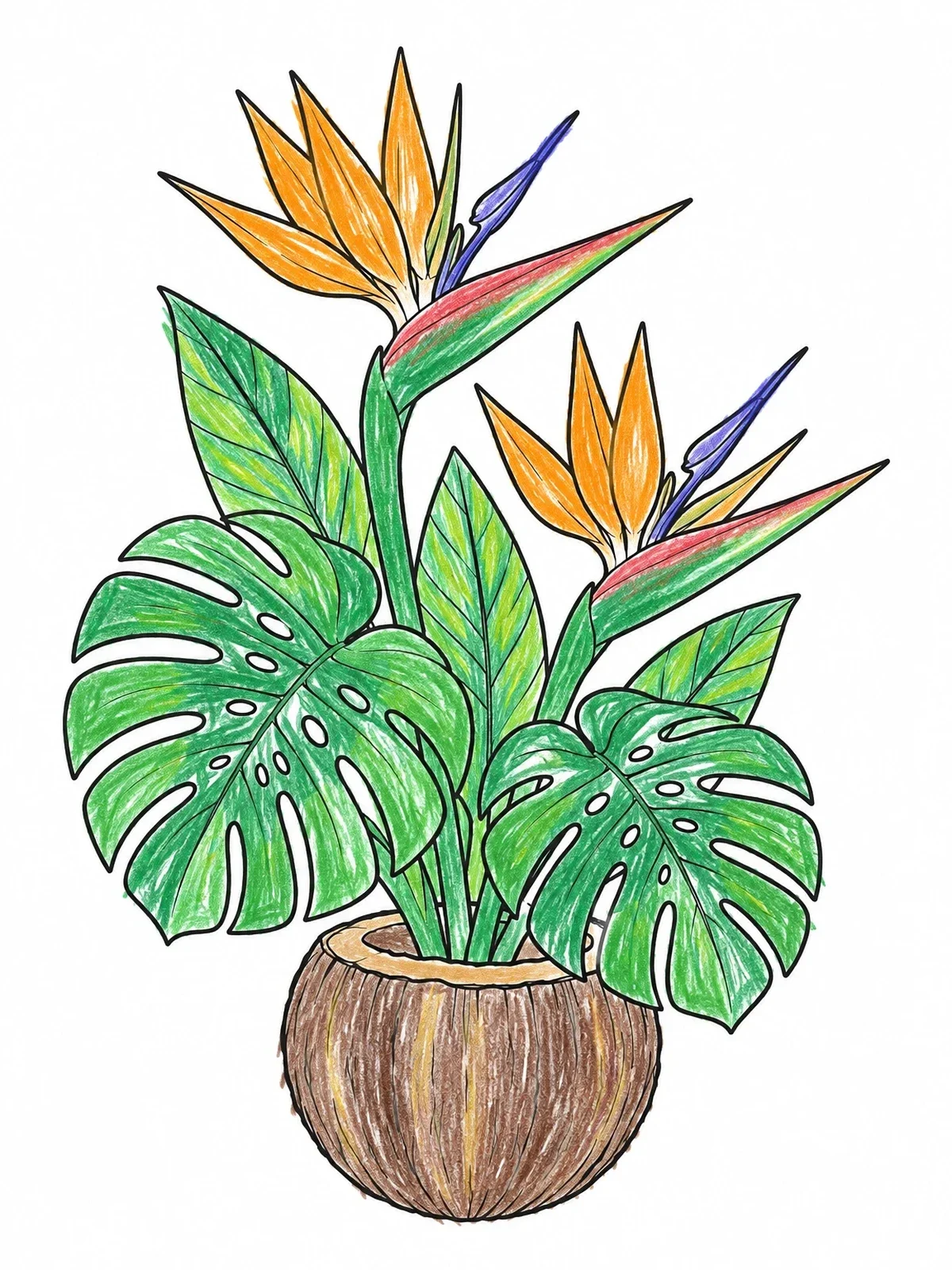 Colored example of the Tropical Bird Of Paradise Bouquet coloring page