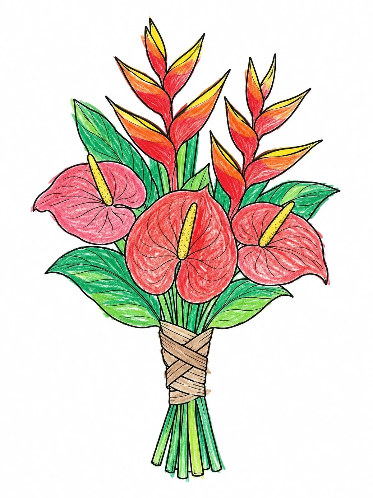 Colored example of the Tropical Bouquet With Anthuriums And Heliconia coloring page
