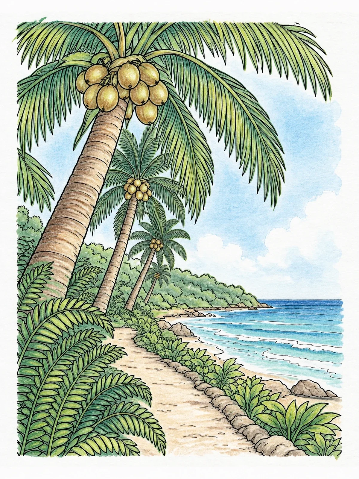 Colored example of the Tropical Coastline With Coconut Palms coloring page