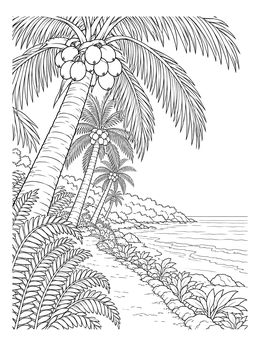 A coastal path lined with tropical palms and ocean waves in this detailed coconut coloring page.