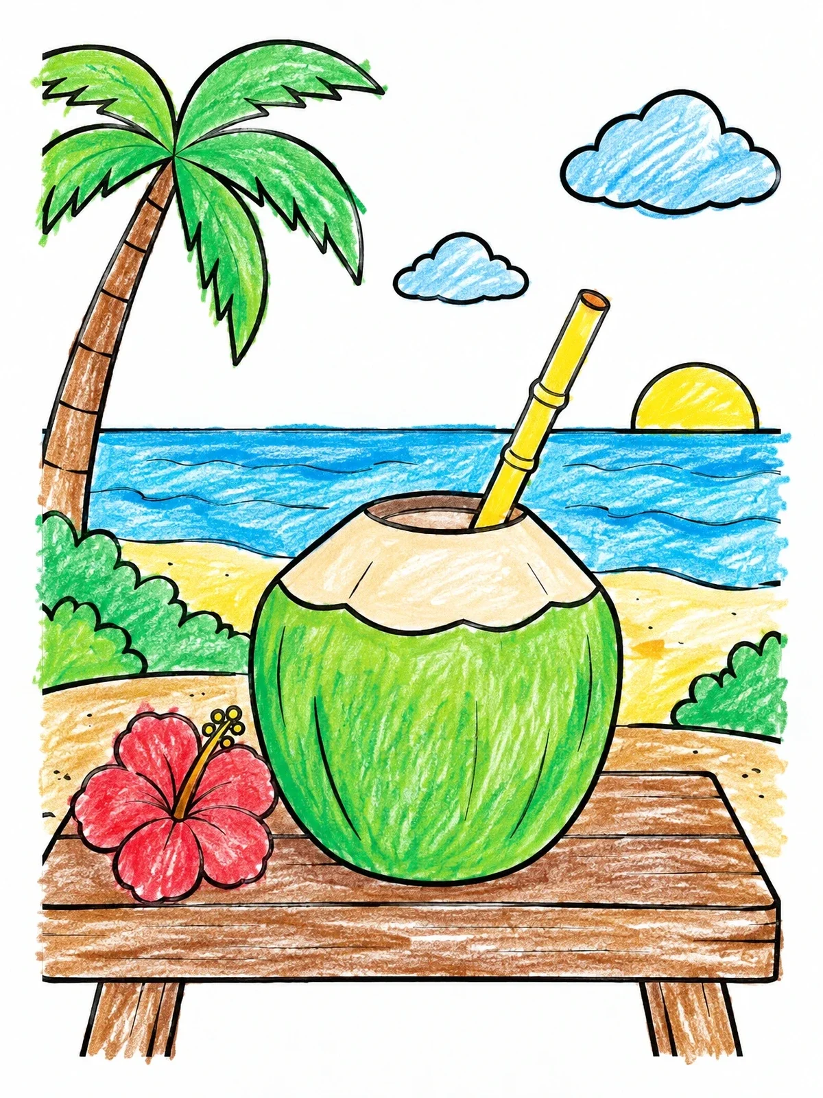 Colored example of the Tropical Coconut Drink On The Beach coloring page
