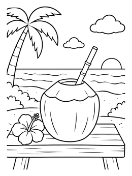A tropical coconut coloring page showing a refreshing drink with a straw on a wooden beach table.