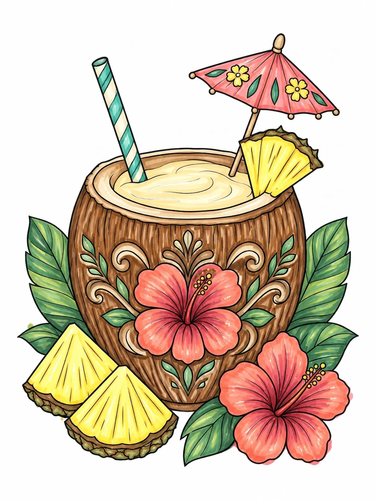 Colored example of the Tropical Coconut Drink With Hibiscus Flowers coloring page
