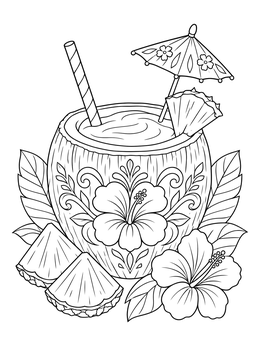 A decorative coconut coloring page featuring a refreshing tropical drink, pineapple slices, and hibiscus blooms.