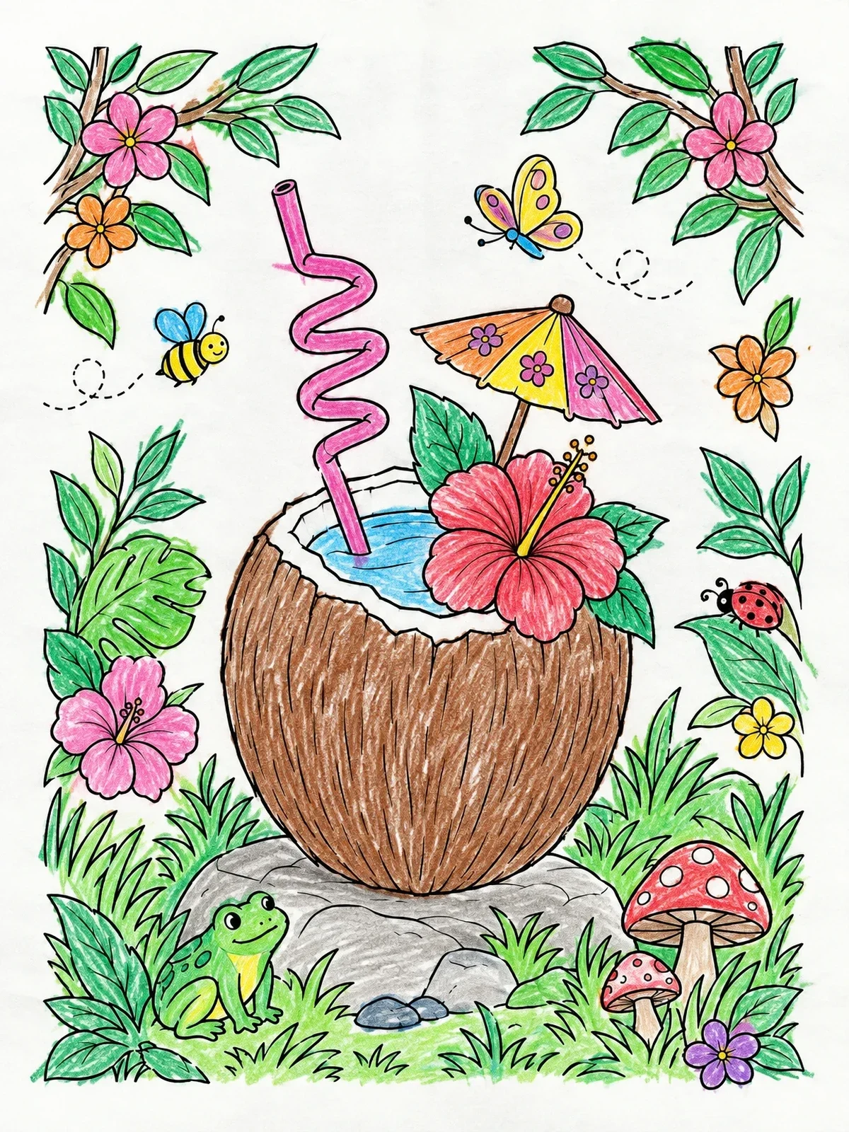 Colored example of the Tropical Coconut Drink In Nature coloring page