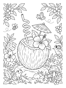 A cute coconut coloring page with a tropical drink, flowers, a tiny frog, and butterflies.