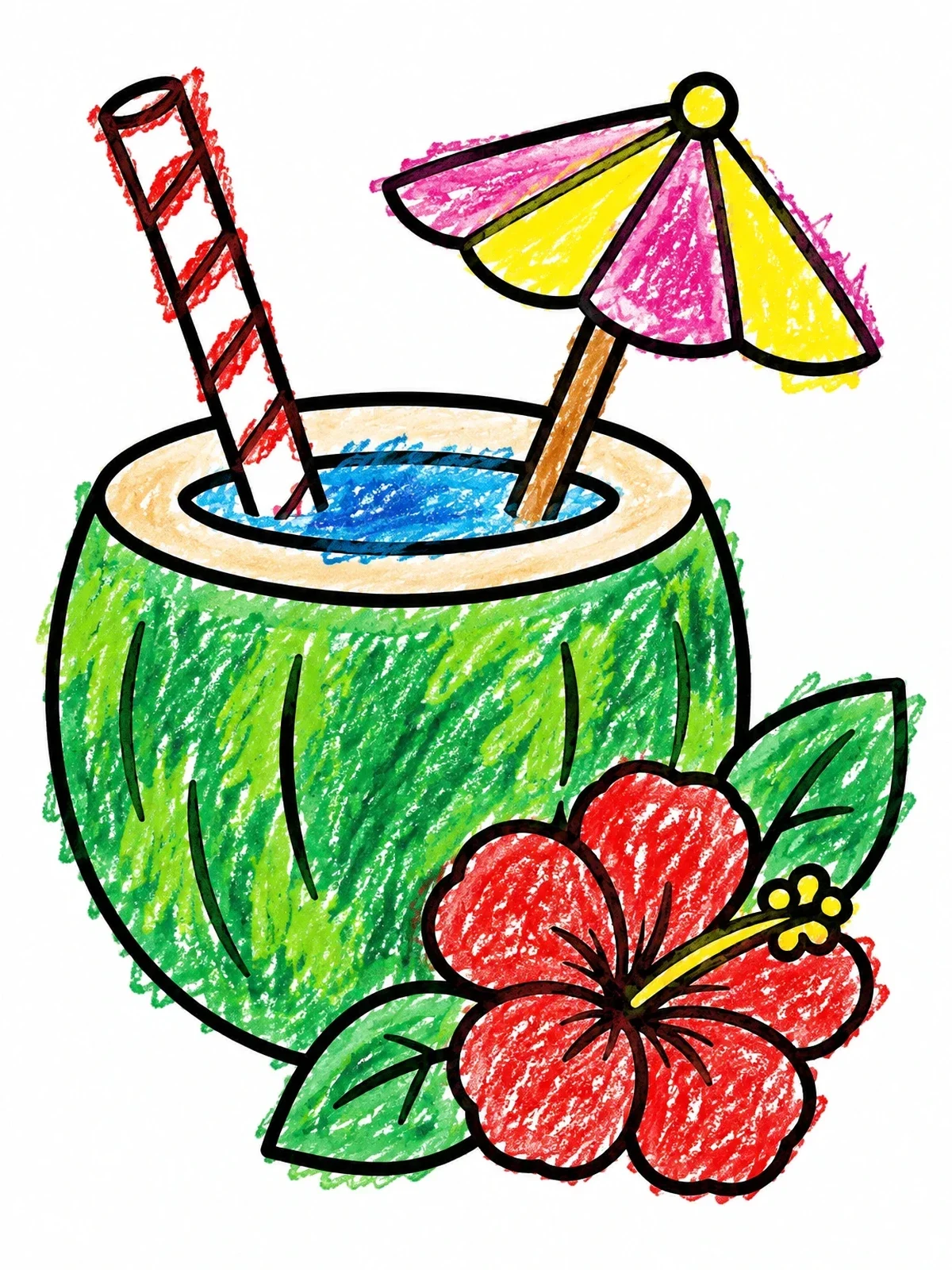 Colored example of the Tropical Coconut Drink With Flower coloring page