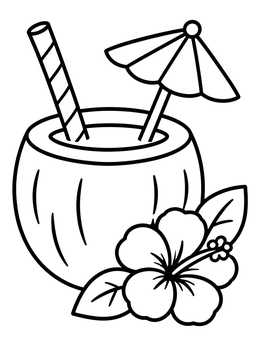 A simple coconut coloring page featuring a refreshing tropical drink, umbrella, and hibiscus flower.