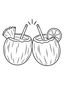 Two tropical drinks served in coconuts toast together on this coconut coloring page.