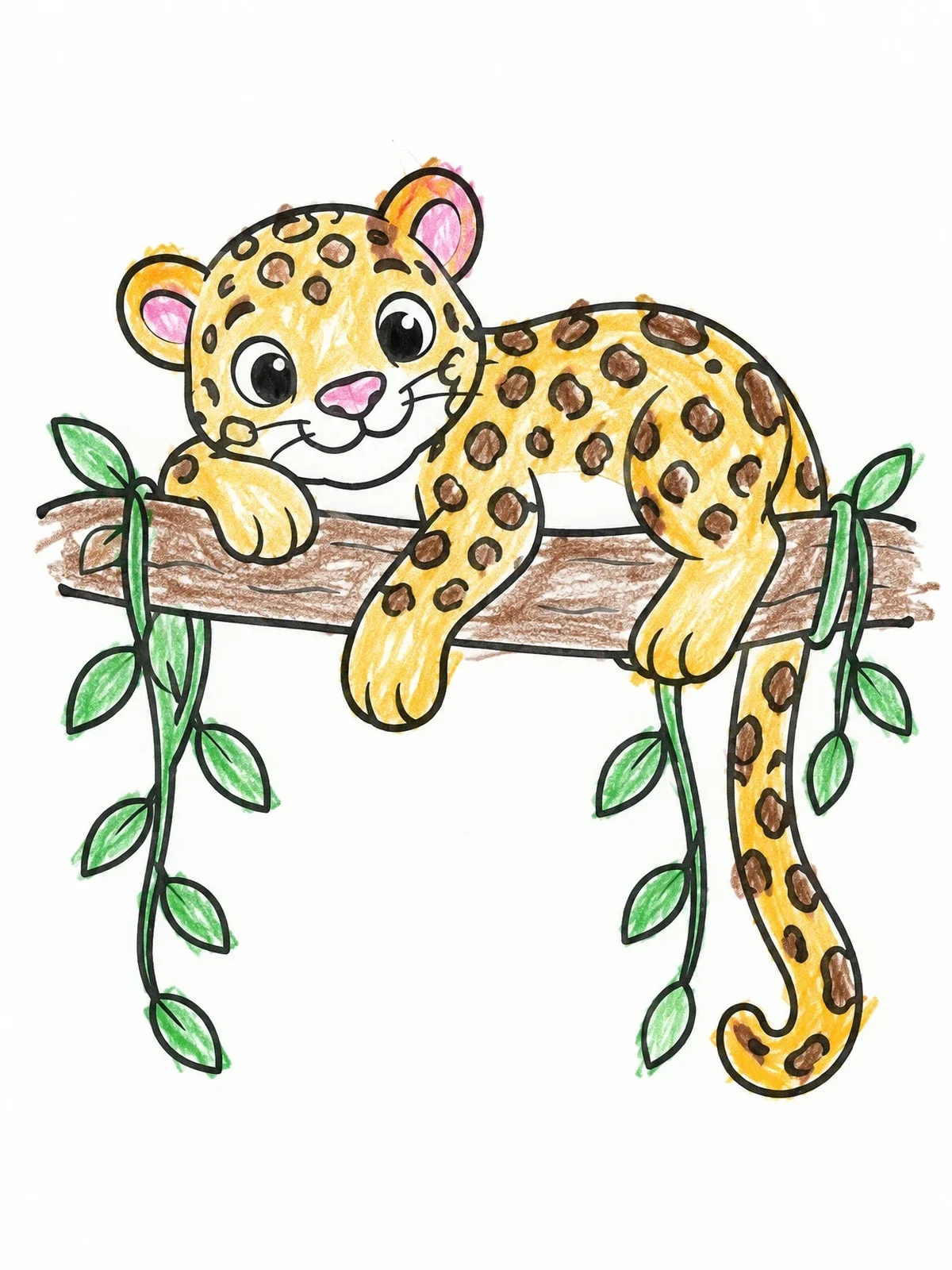 Colored example of the Cute Jaguar Cub On A Branch coloring page