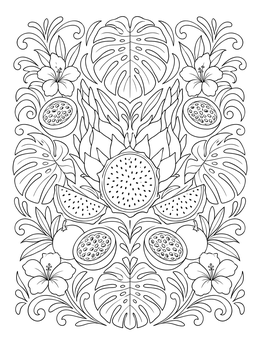 Symmetrical tropical fruit coloring page featuring dragon fruit, passion fruits, and monstera leaves.