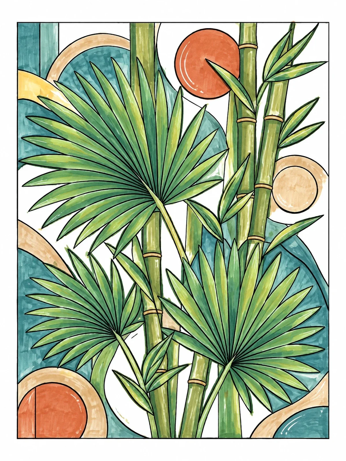 Colored example of the Fan Palms And Bamboo Stalks coloring page